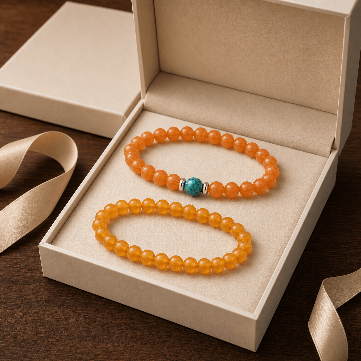 2pcs Orange Bead Elastic Bracelets, Stackable Bohemian Style